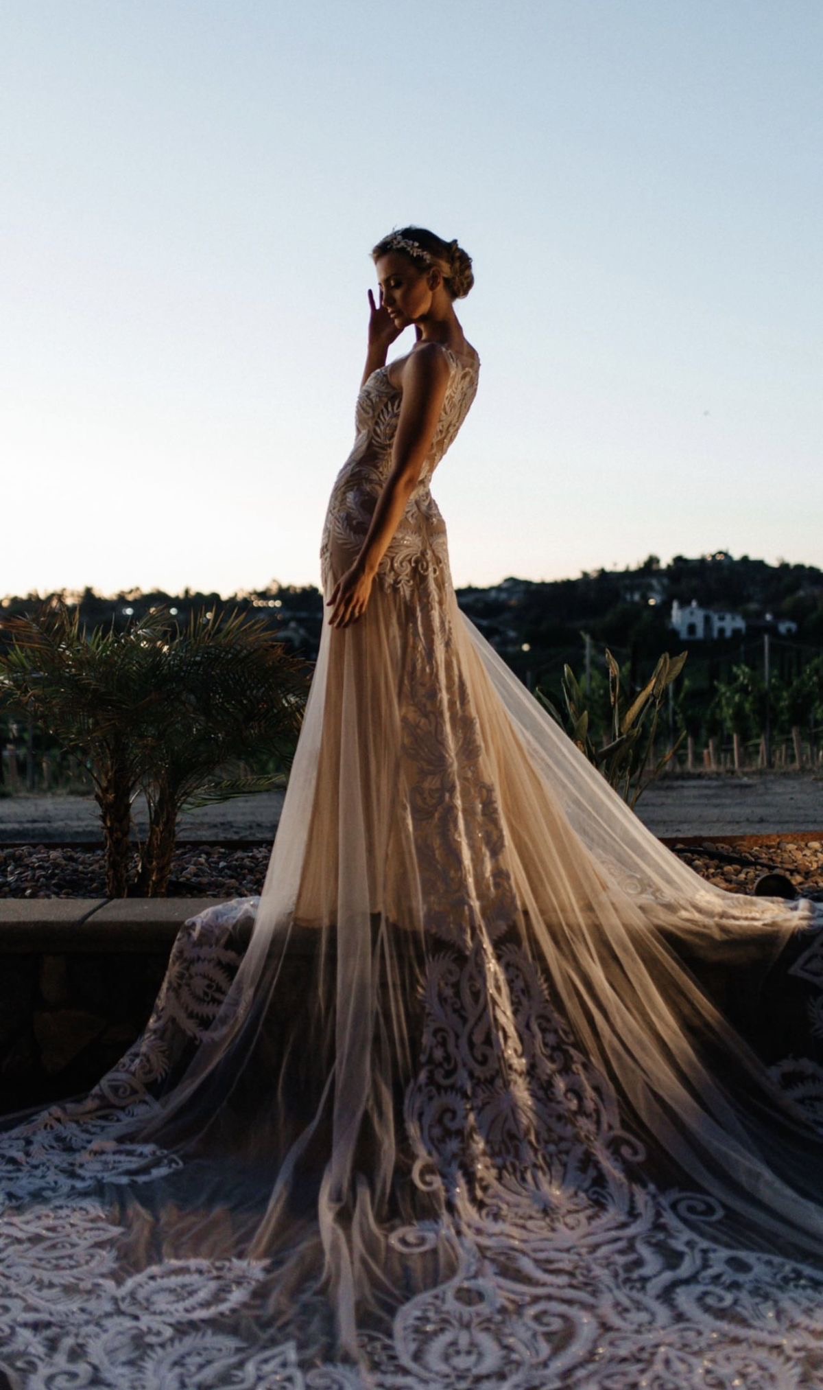 Bride silhouette with lace dress at dusk
