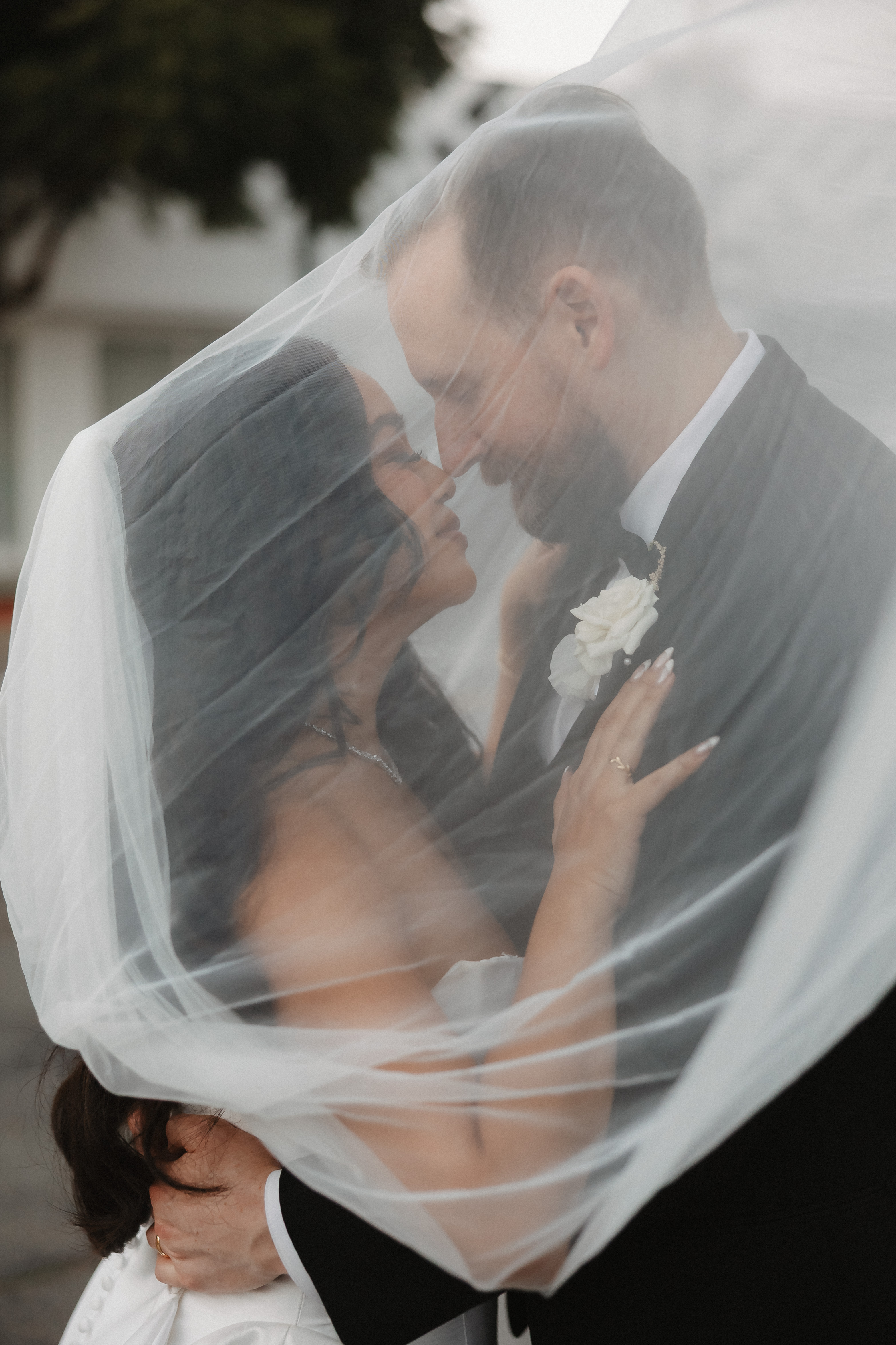 Intimate couple portrait under veil